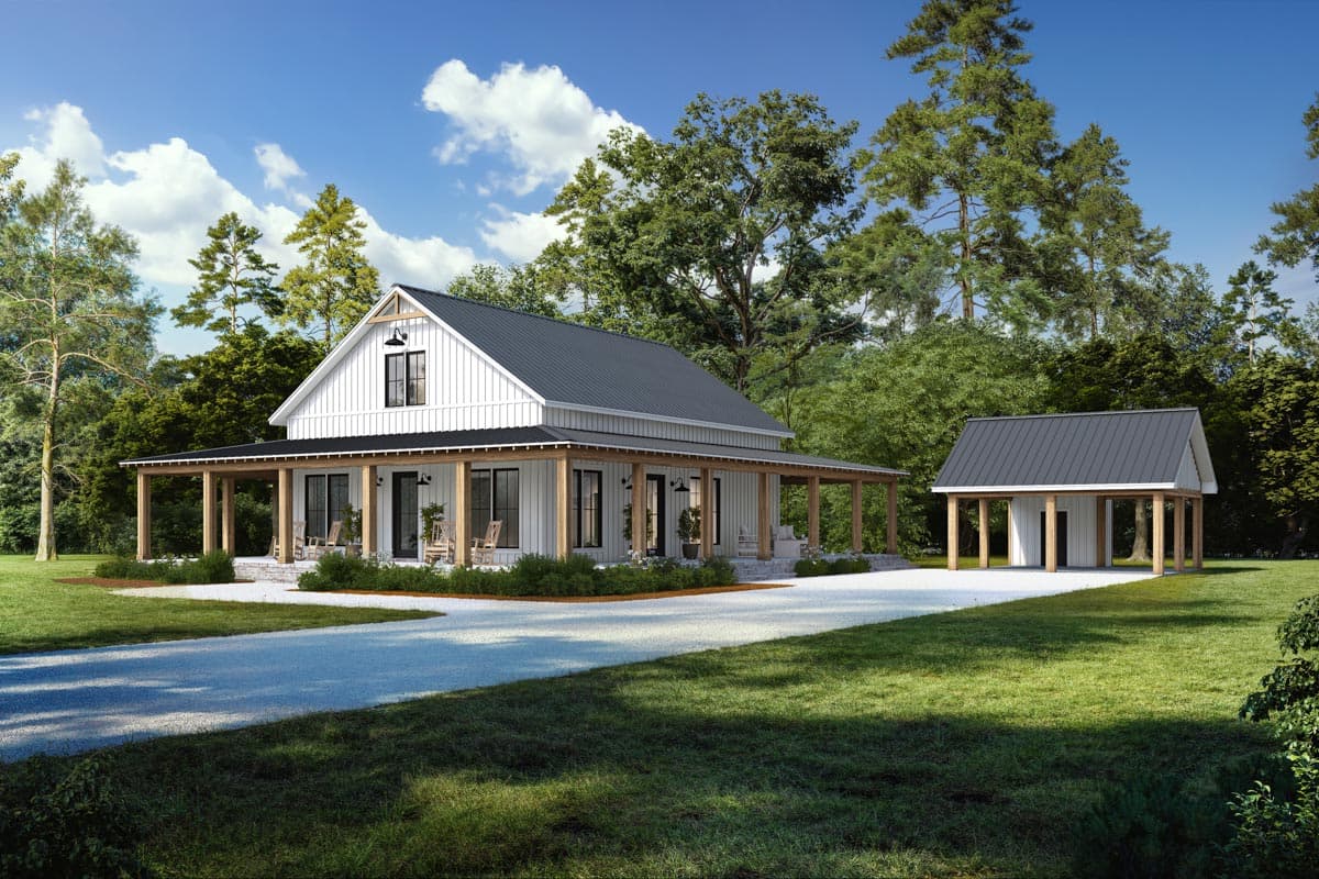 House plan exterior. Two-story Modern Farmhouse with a full-length porch supported by columns. Features include gable roof and detached carport.