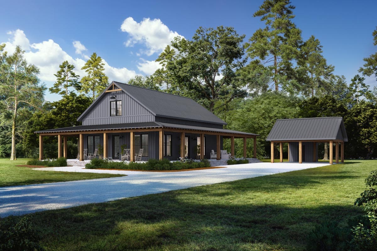 Modern Farmhouse house plan exterior with wraparound porch, metal roof, and a detached carport structure.