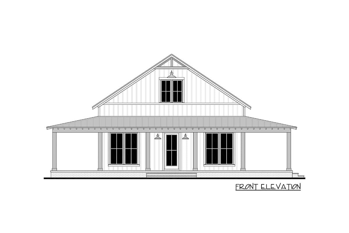 Front elevation drawing of a two-story Modern Farmhouse with a full-width porch, board and batten siding, and a gable dormer.