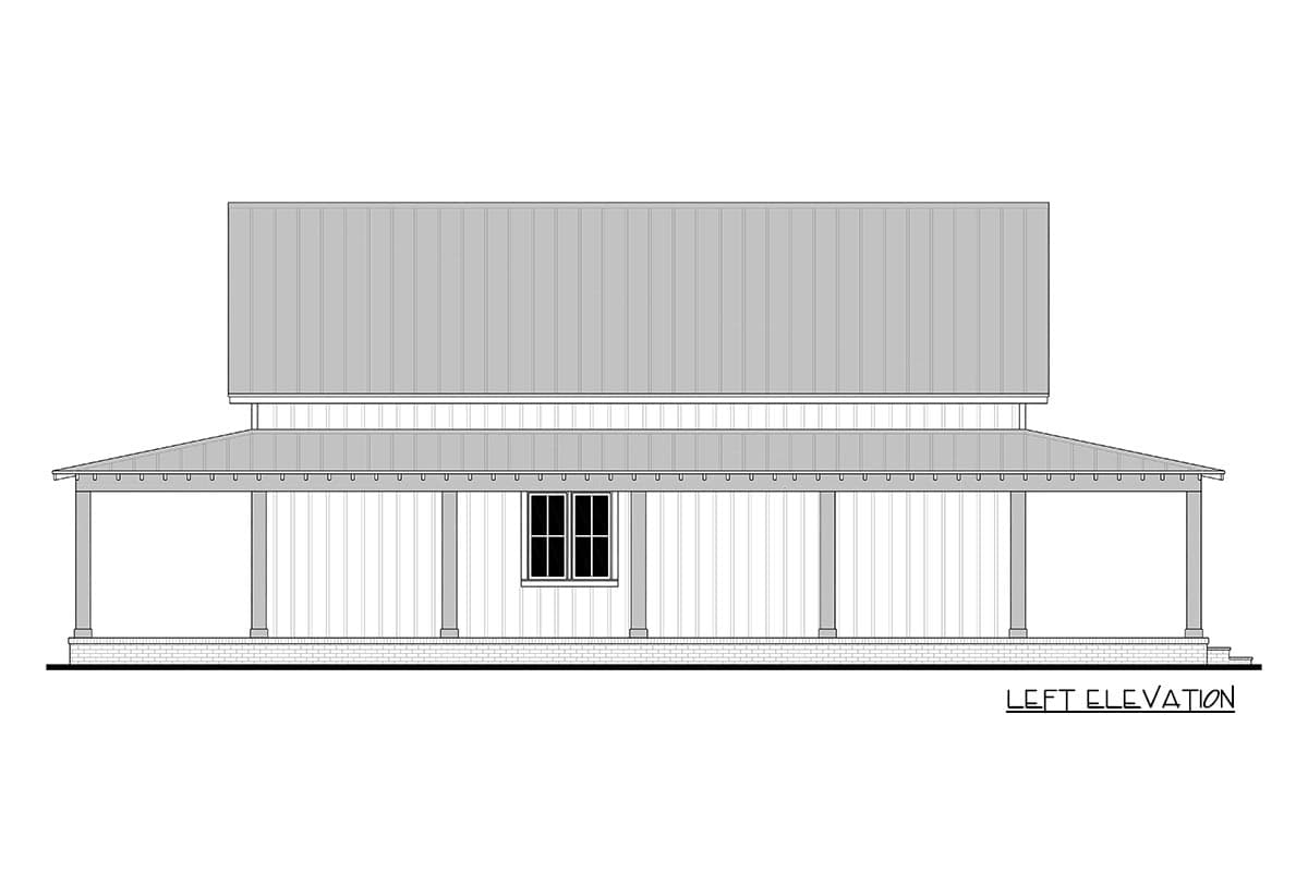 Left elevation house plan: one-story structure with a wrap-around porch, metal roof, and central window.