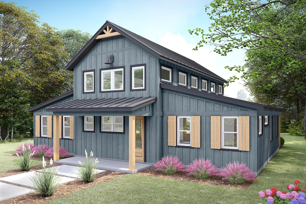 House plan exterior. Two-story Modern Farmhouse with a gabled roof, a covered porch, and board-and-batten siding. Features include multiple dormers.