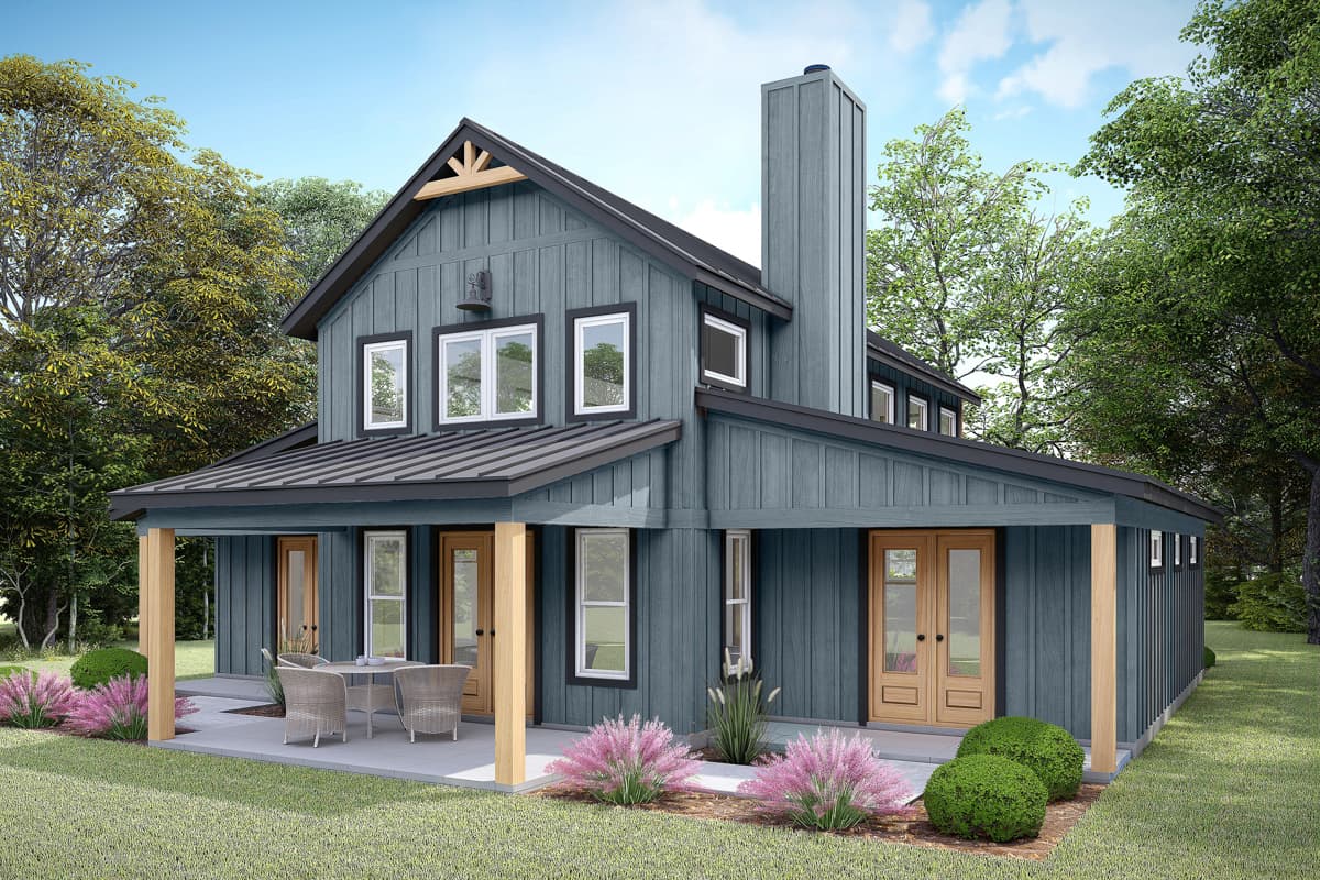Modern Farmhouse house plan exterior with board and batten siding, a metal roof, wrap-around porch, and prominent chimney.
