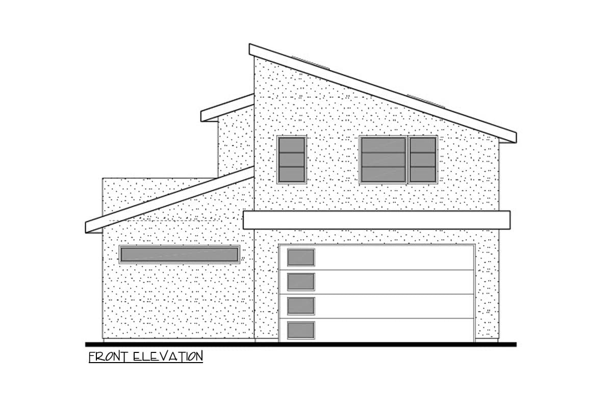 Front elevation house plan featuring a two-story modern design with asymmetrical rooflines, a two-car garage, and horizontal windows.