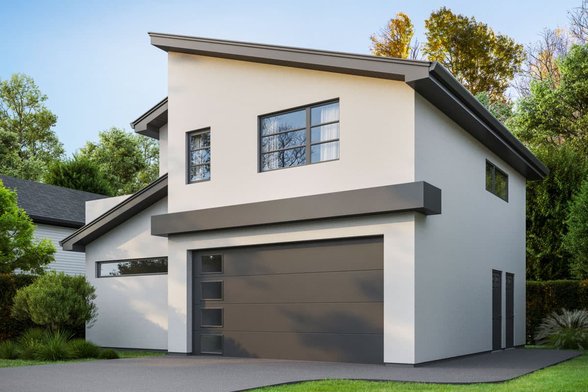 Modern house plan exterior with stucco finish, asymmetrical rooflines, large garage door, and multiple windows.