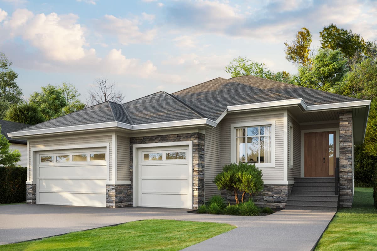 House plan exterior with two-car garage, stone accents, and a low-sloped roofline. One-story Craftsman style home plan.