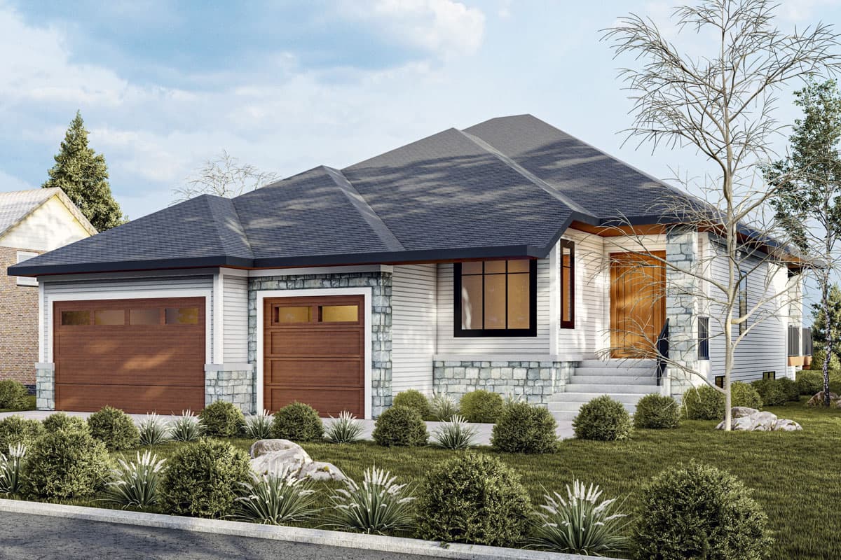 House plan exterior featuring a single story, horizontal siding, stone accents, a prominent roofline, and a three-car garage.