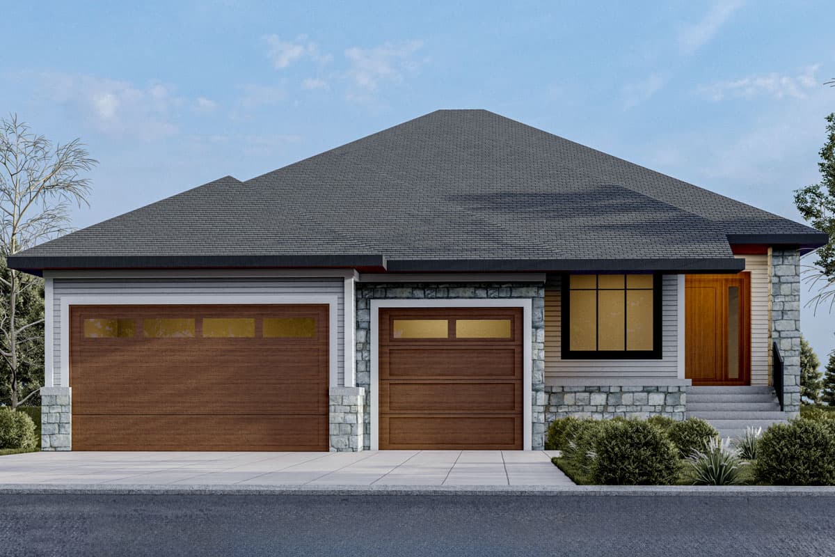 House plan exterior: Modern Farmhouse style, one story, with a two-car garage, stone accents, and a covered entry.