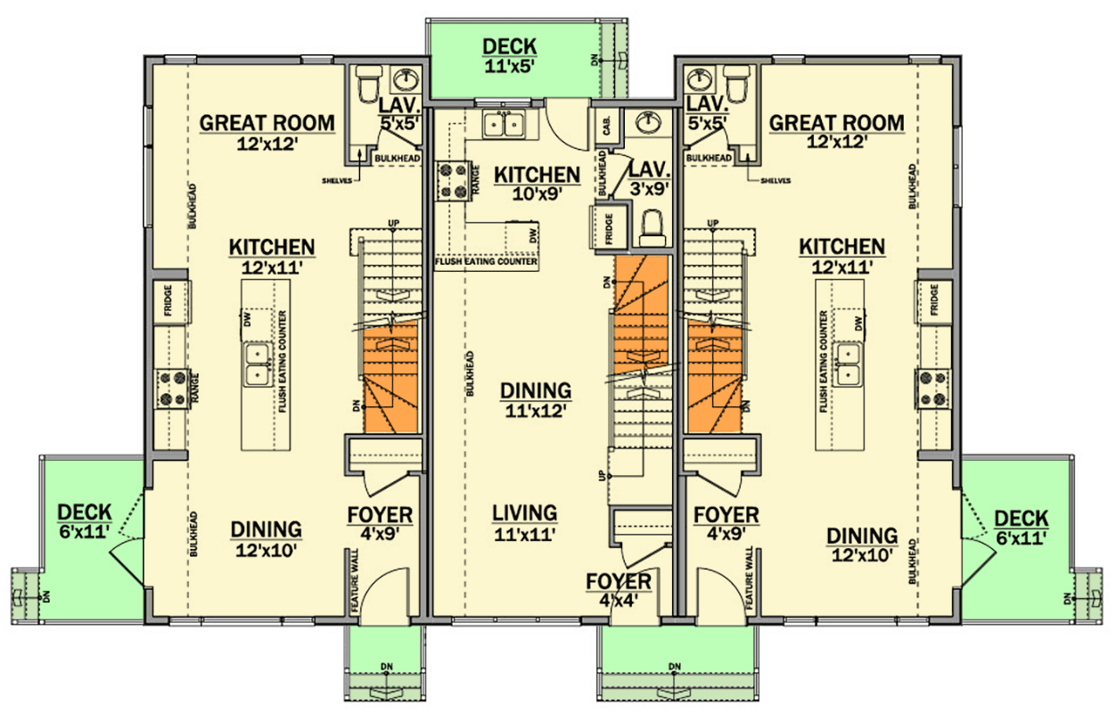 Plan 81843AB: Triplex House Plan with 3 Bed 2.5 Bath Units in 2 Different Sizes - 1256 Sq Ft and 1285 Sq Ft - Floor Plan - Main Level - Contemporary, Transitional