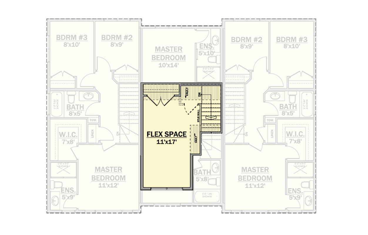 Plan 81843AB: Triplex House Plan with 3 Bed 2.5 Bath Units in 2 Different Sizes - 1256 Sq Ft and 1285 Sq Ft - Floor Plan - Third Floor - Contemporary, Transitional