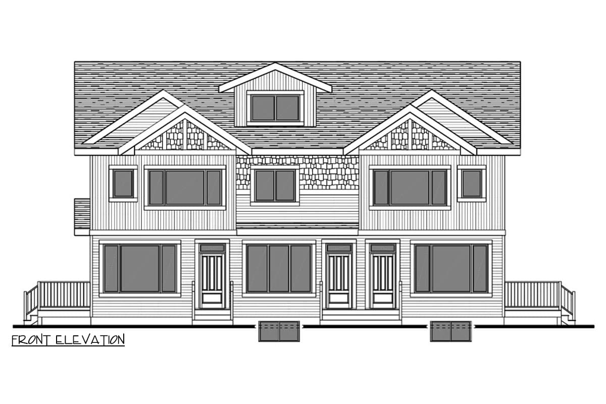 Front elevation drawing of a two-story house plan with three gabled entrances, varied window sizes, and decorative shingle gable accents.