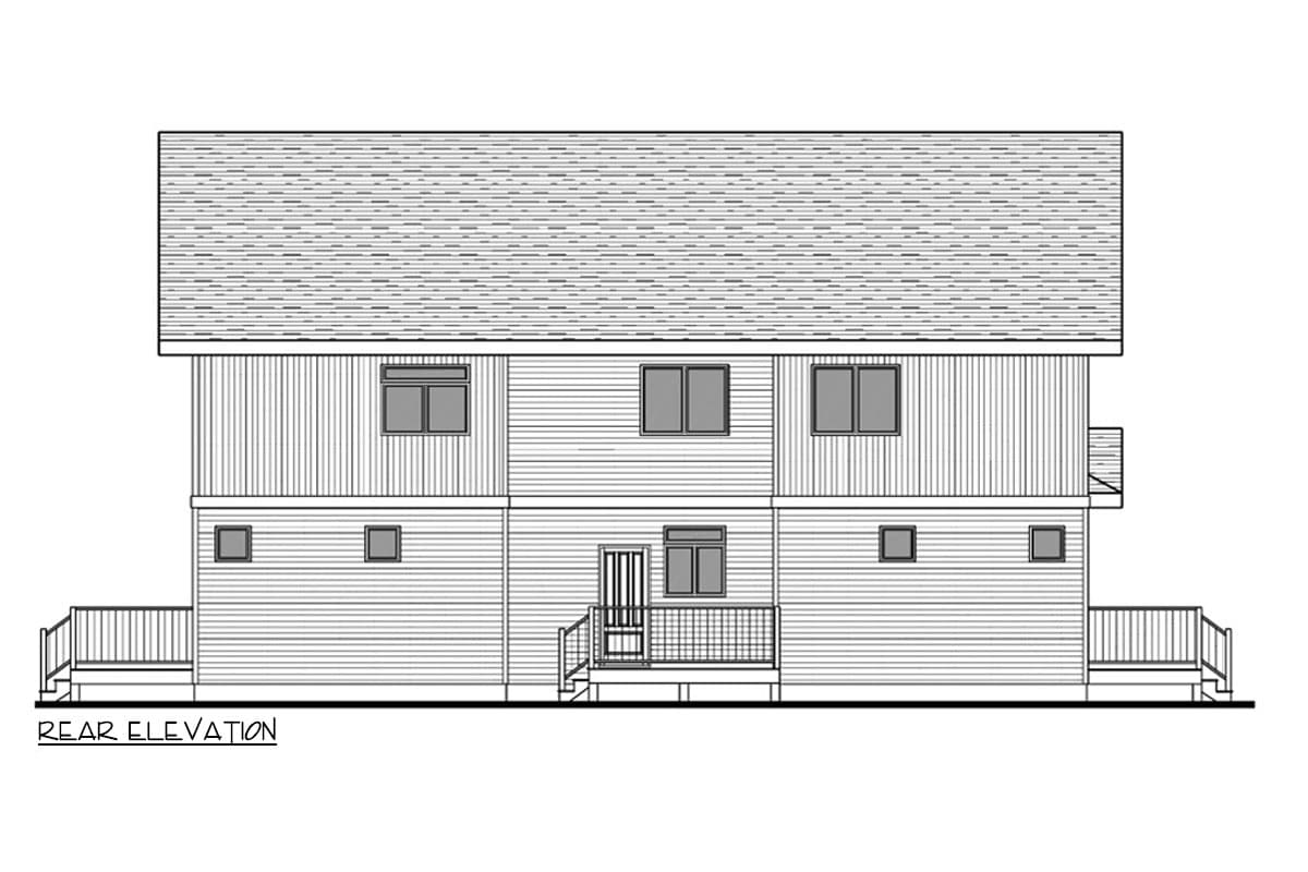 Rear elevation drawing of a two-story house with horizontal siding, vertical siding, multiple windows, and decks.