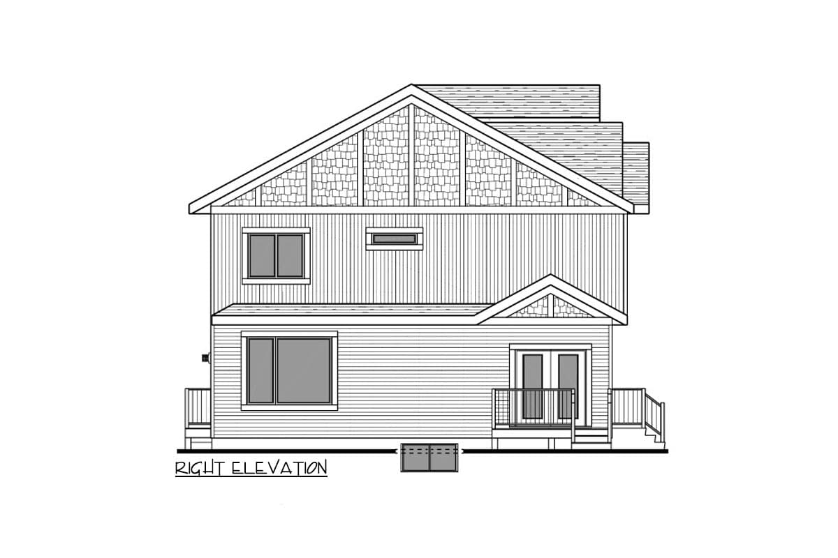 Right elevation drawing of a two-story house with a prominent gable, shingle siding detail, and double doors with a balcony.