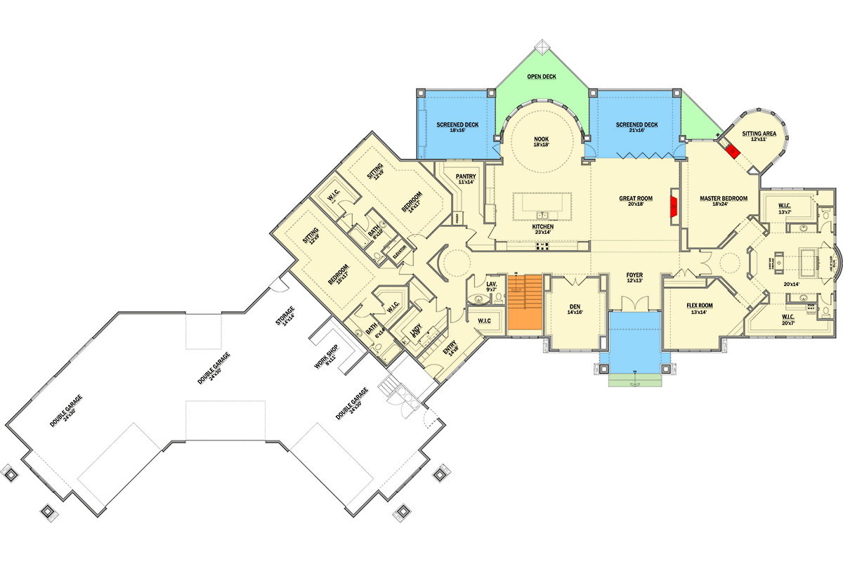 Plan 81844AB: One-Story Prairie House Plan with Multiple Screened Porches - 3802 Sq Ft - Floor Plan - Main Level - Modern, Prairie, Ranch