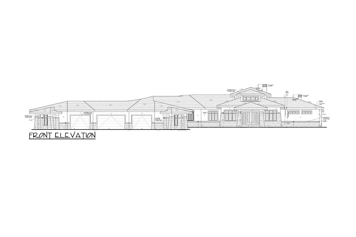 Front elevation drawing of a single-story house plan with a three-car garage, gabled rooflines, and stone accents.