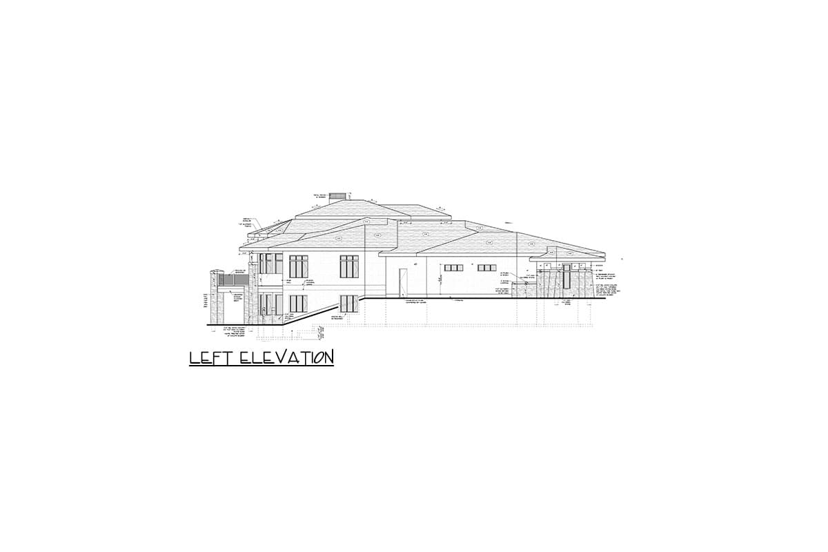 Left elevation drawing of a house plan showing a multi-level roof, multiple windows, and covered patio.