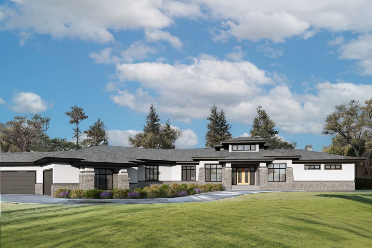 House plan exterior featuring a single-story design, flat roof, stone accents, and an attached garage. Large windows and covered entry are visible.