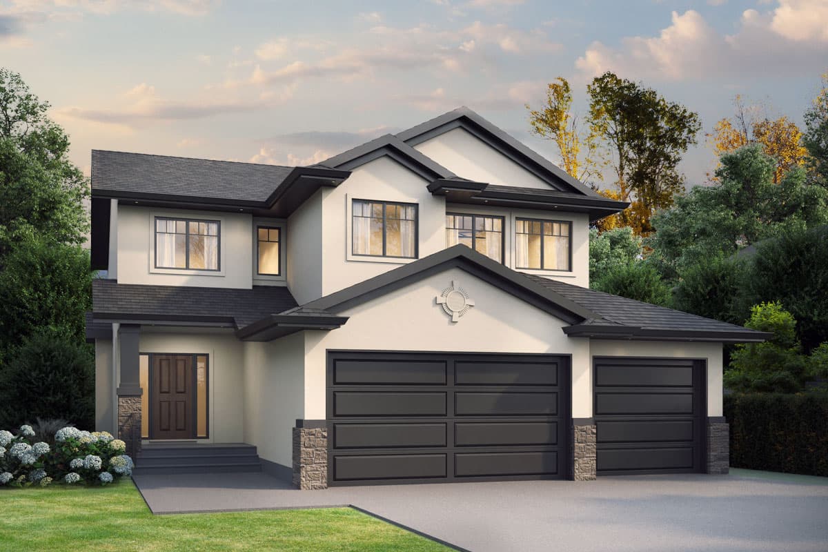 House plan exterior. Two-story home with a gabled roof, stone accents, and two-car garage. Features include a covered entry and multiple windows.