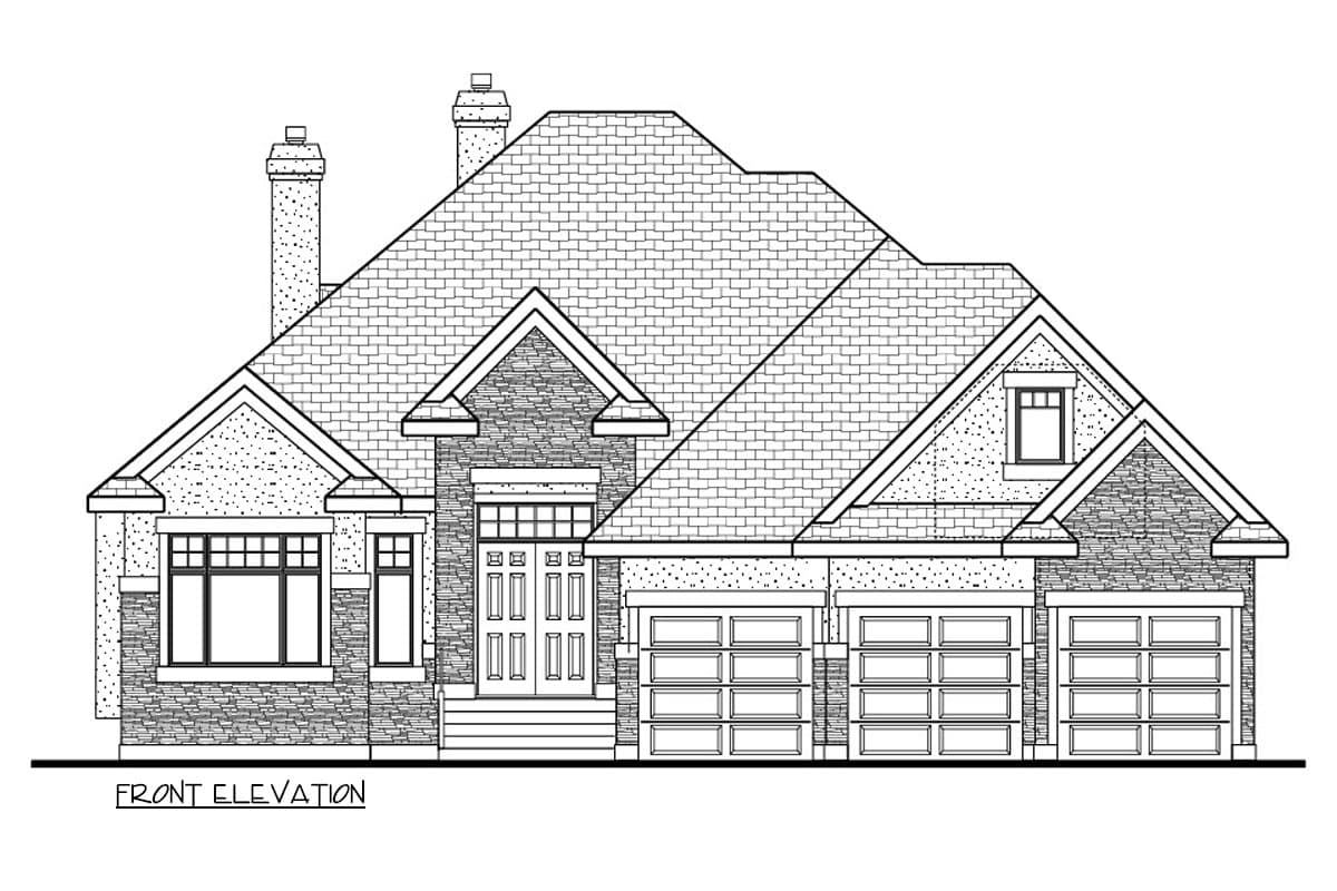 Front elevation house plan with multiple gables, two chimneys, and a three-car garage.