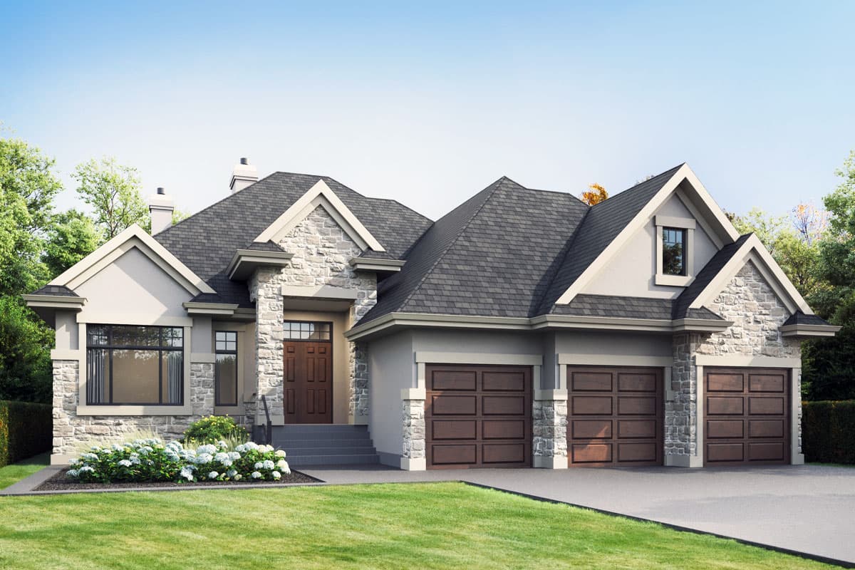 House plan exterior with stone accents, two-car garage, and multiple gables. Features a front-facing entry and a dark gray roof.