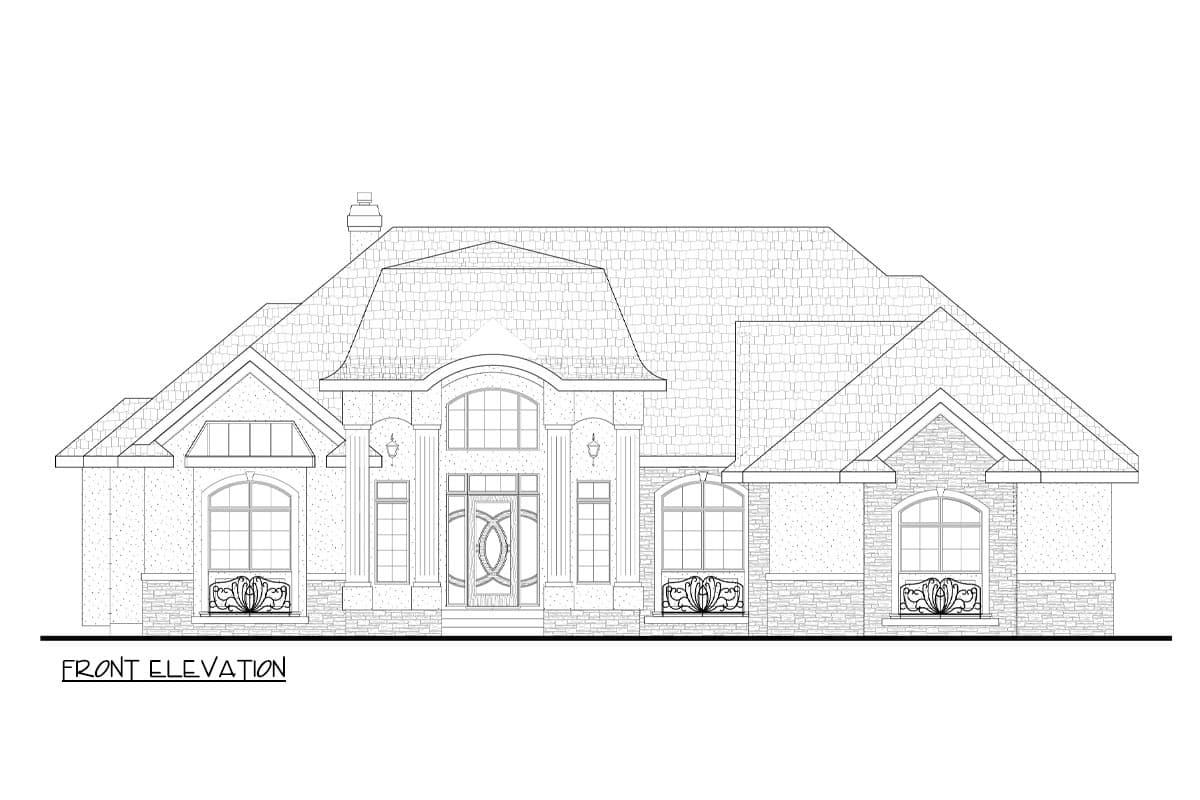 Front elevation drawing of a large, one-story house plan with a prominent entrance, varied rooflines, and arched windows.