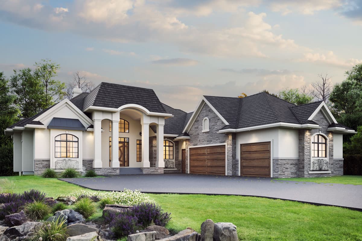 House plan exterior. Two-story home with a portico entry, stone accents, and a multi-car garage with wood doors. Gabled roof.