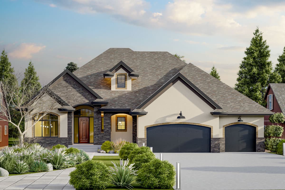 House plan exterior with two-story design, a gabled roof, stone accents, and a two-car garage. Features a dormer and arched entry.