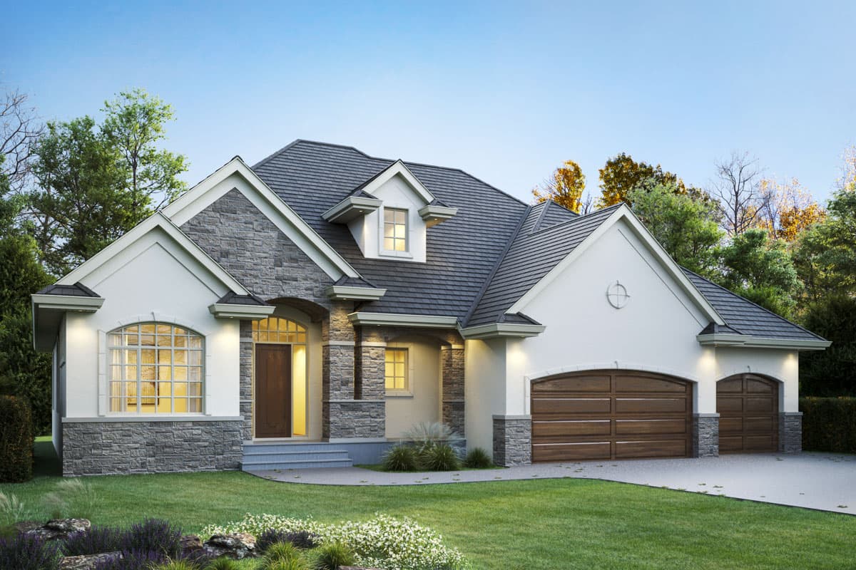 House plan exterior with stone accents, arched entryway, dormer, and a two-car garage with arched doors.