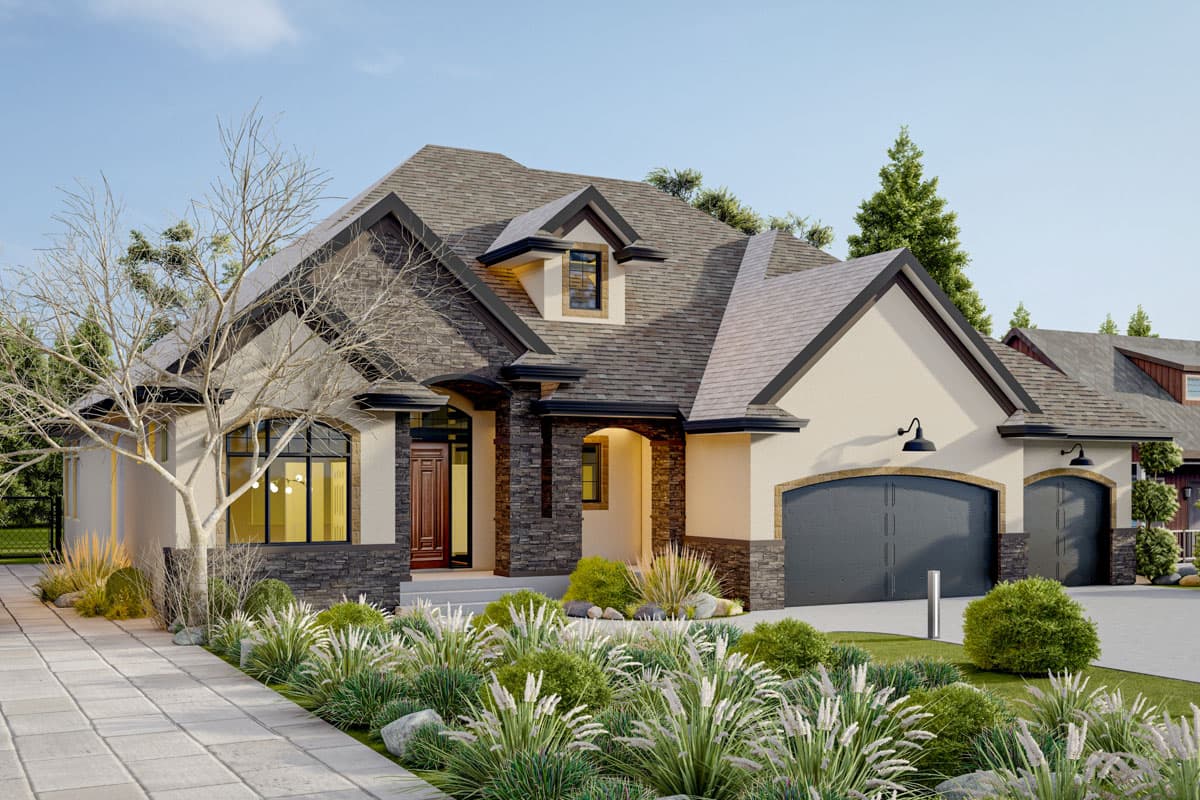 House plan exterior: Two-story, stone and stucco, with a prominent dormer, arched garage doors, and a covered entryway.