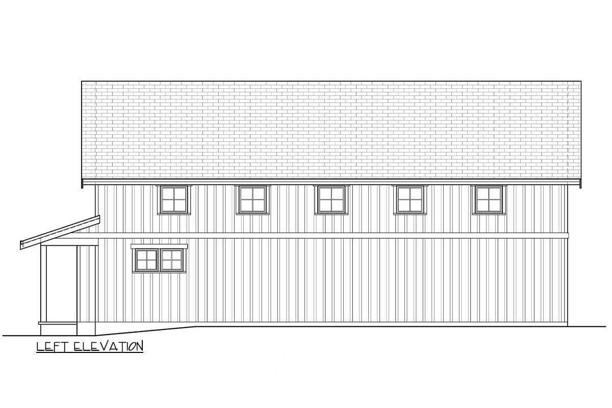 Left elevation of a two-story house plan featuring vertical siding, a gabled roof, and multiple windows.