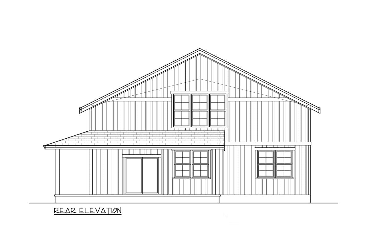 Rear elevation drawing of a two-story house with a covered porch, vertical siding, and multiple windows.