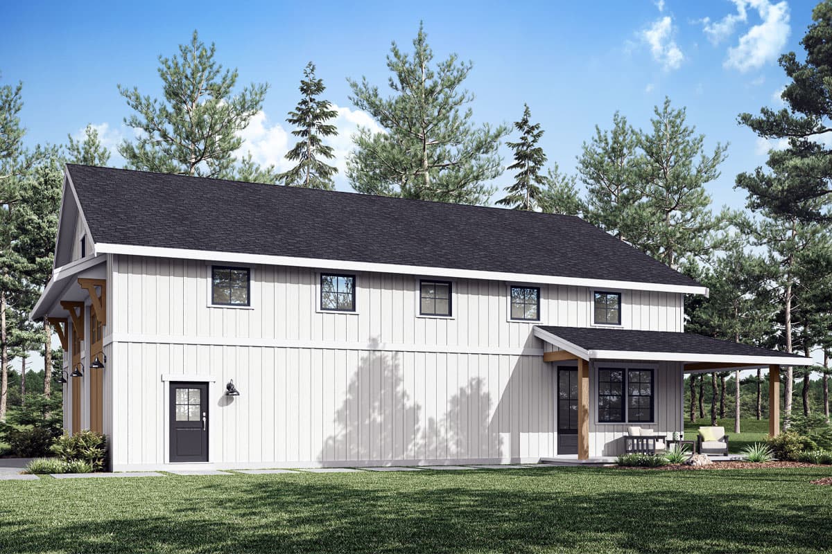 Modern Farmhouse house plan exterior, two stories, white board and batten siding, gable roof, and covered porch with wooden posts.