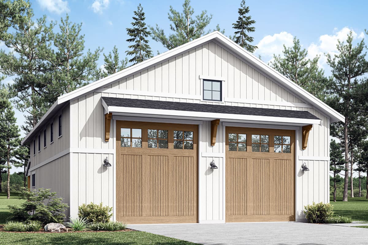 House plan exterior. Two-story Modern Farmhouse style with a gabled roof, two-car garage with vertical wood panel doors, and decorative corbels.