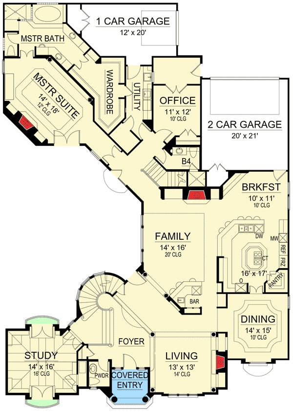 Plan 36511TX: Luxury Home Plan with Couryard and Spiral Stair - Floor Plan - Main Level