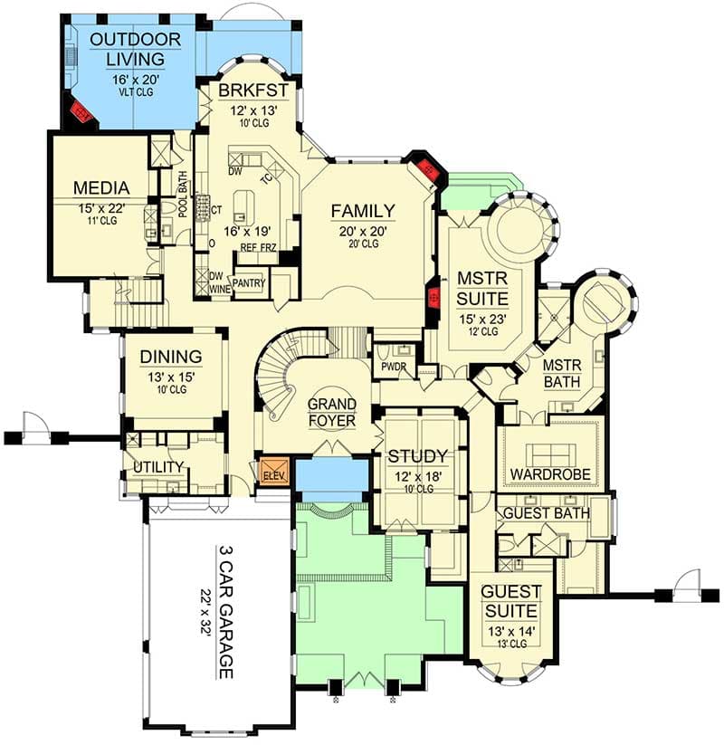 Plan 36512TX: Six Bedroom Mediterranean Mansion - Floor Plan - Main Level - Florida-Style, Mediterranean, Tuscan