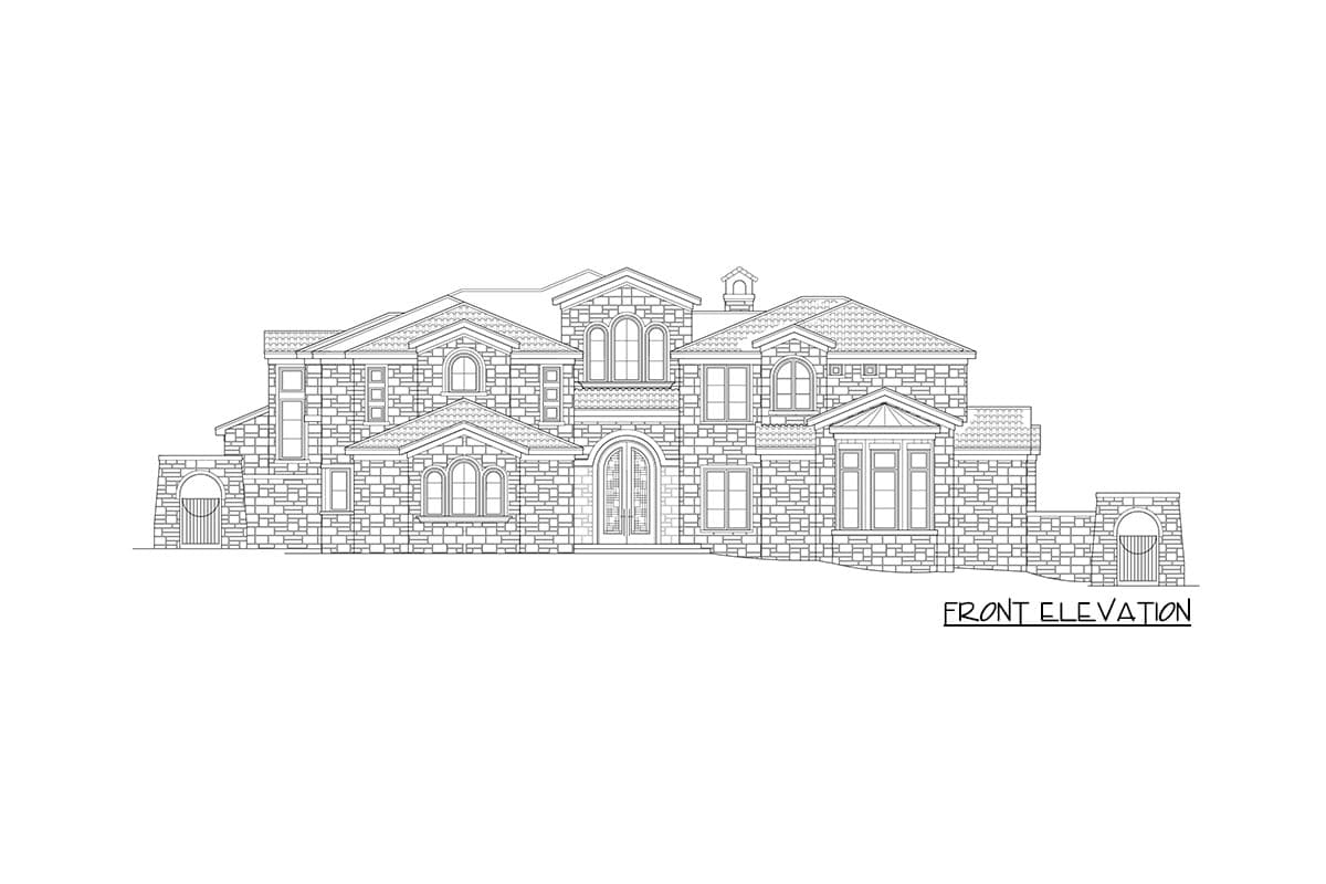 Front elevation drawing of a multi-story stone house with arched windows, gabled roofs, and decorative dormers.