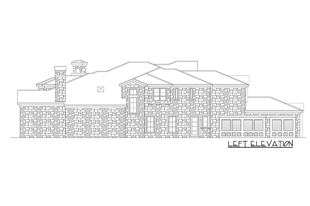 Left elevation drawing of a house plan with stone exterior, multiple rooflines, prominent chimney, and a multi-car garage.