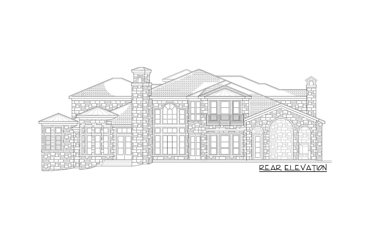 Rear elevation house plan drawing with stone exterior, multiple gables, chimney, and second-story balcony.