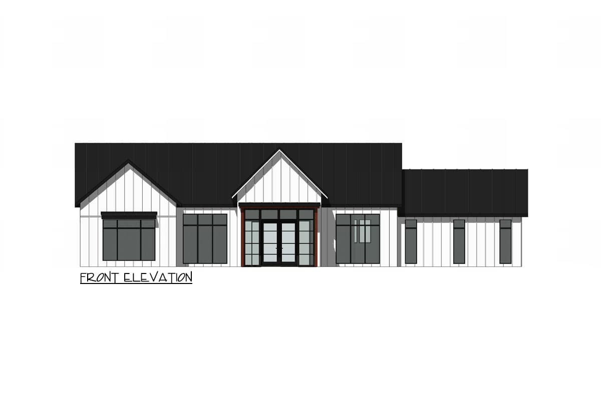 Front elevation drawing of a single-story house with white vertical siding, a dark gabled roof, and a central double-door entry with flanking windows.