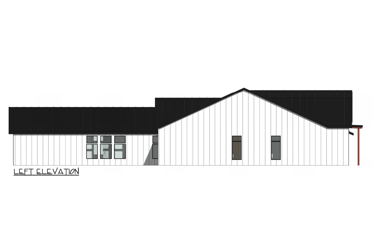 Left elevation of a house plan with white vertical siding, a dark metal roof, and varied window configurations.