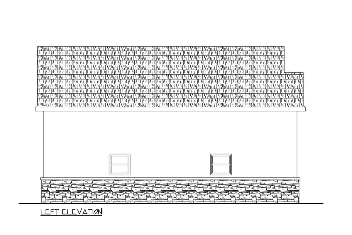 Left elevation drawing of a house plan showing stone foundation, two windows, and a hip roof.