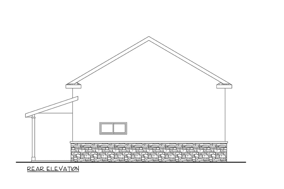 Rear elevation drawing of a house plan showing a gabled roof, stone base, and covered patio area.