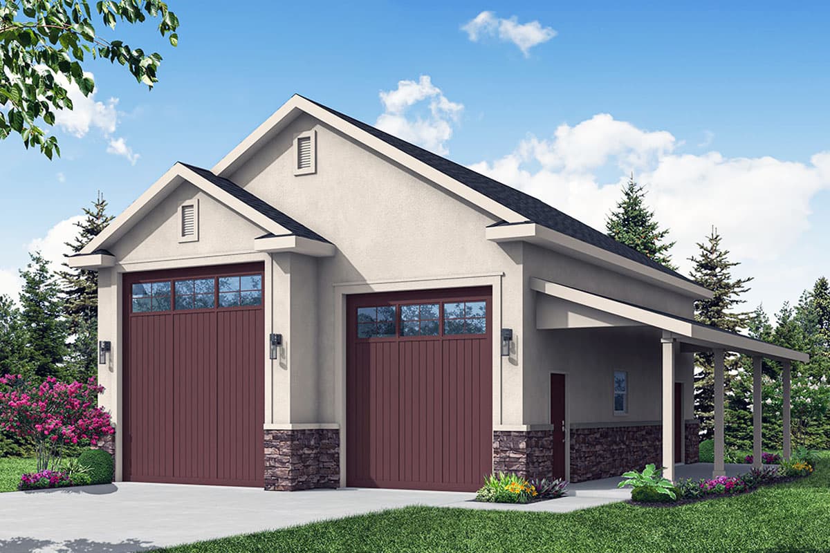House plan exterior with two-car garage. Features include gabled roof, stone veneer, and covered porch with columns.