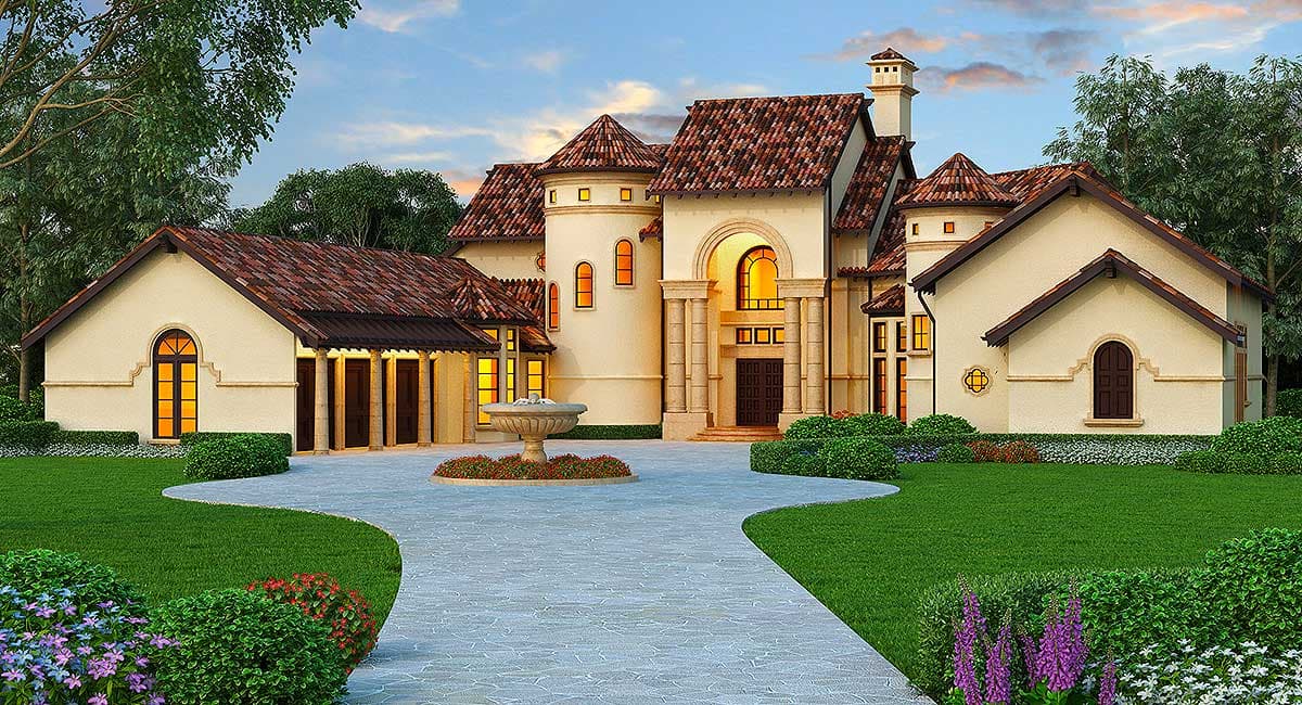 House plan exterior. Two-story Mediterranean-style home with multiple gabled roofs, arched windows, and a prominent entry portico with columns.