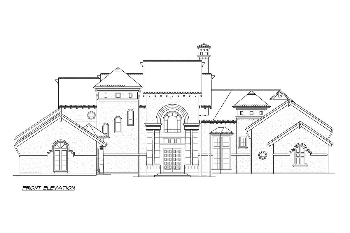 Front elevation drawing of a large house with multiple gables, arched windows, and a prominent entryway with columns.