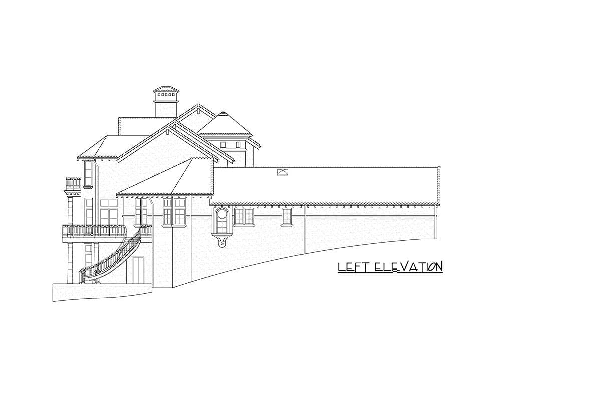 House plan left elevation showing multi-story structure with varied rooflines, balcony, and spiral staircase.