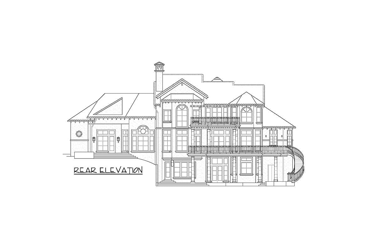 Rear elevation drawing of a multi-story house with balconies, numerous windows, a prominent chimney, and a curved exterior staircase.