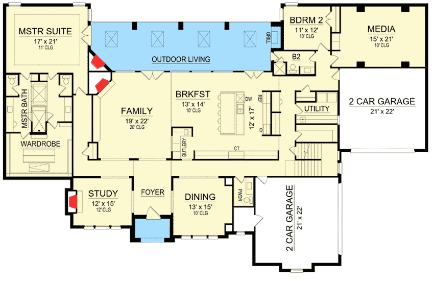 Plan 36519TX: Hill Country House Plan with Media Room and Game Room - Floor Plan - Main Level - Hill Country, Traditional