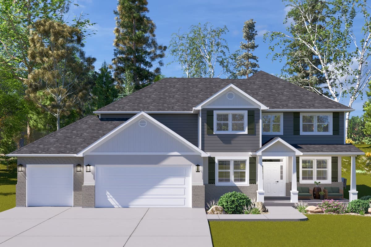House plan exterior. Two-story Modern Farmhouse style with gabled roof, front porch, and attached garage. Includes dormers.