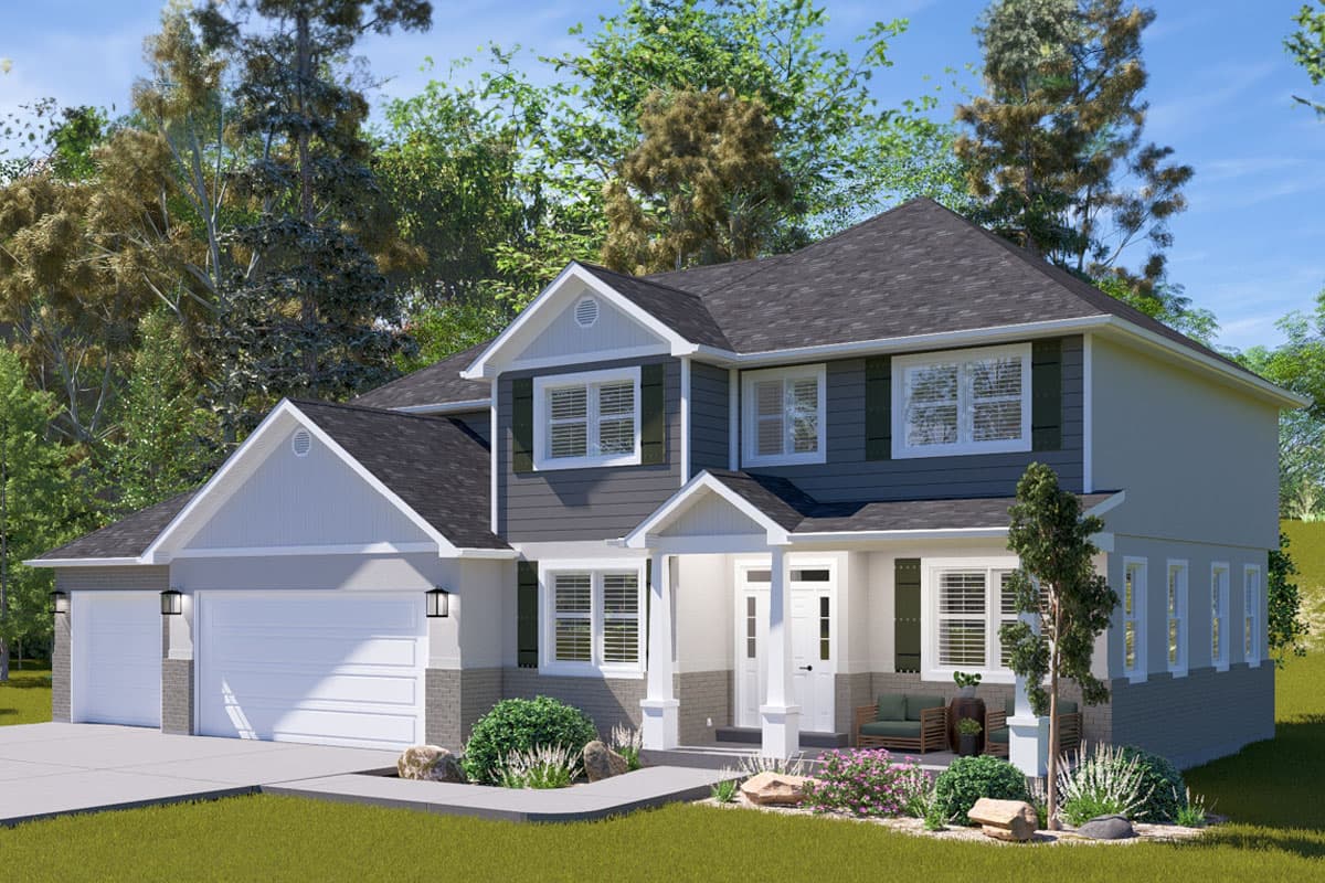 House plan exterior: two-story modern farmhouse with gable roof, dormers, and attached three-car garage.