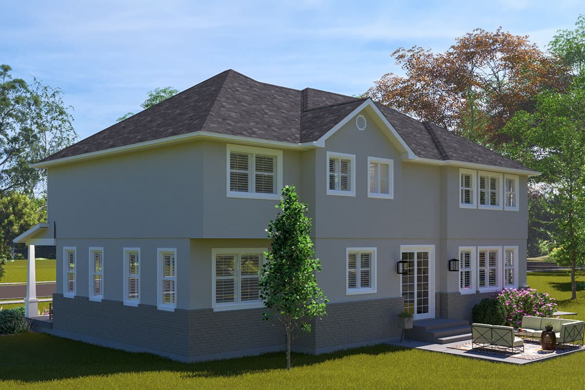 Two-story house plan exterior with a hip roof, multiple gables, and a brick foundation.